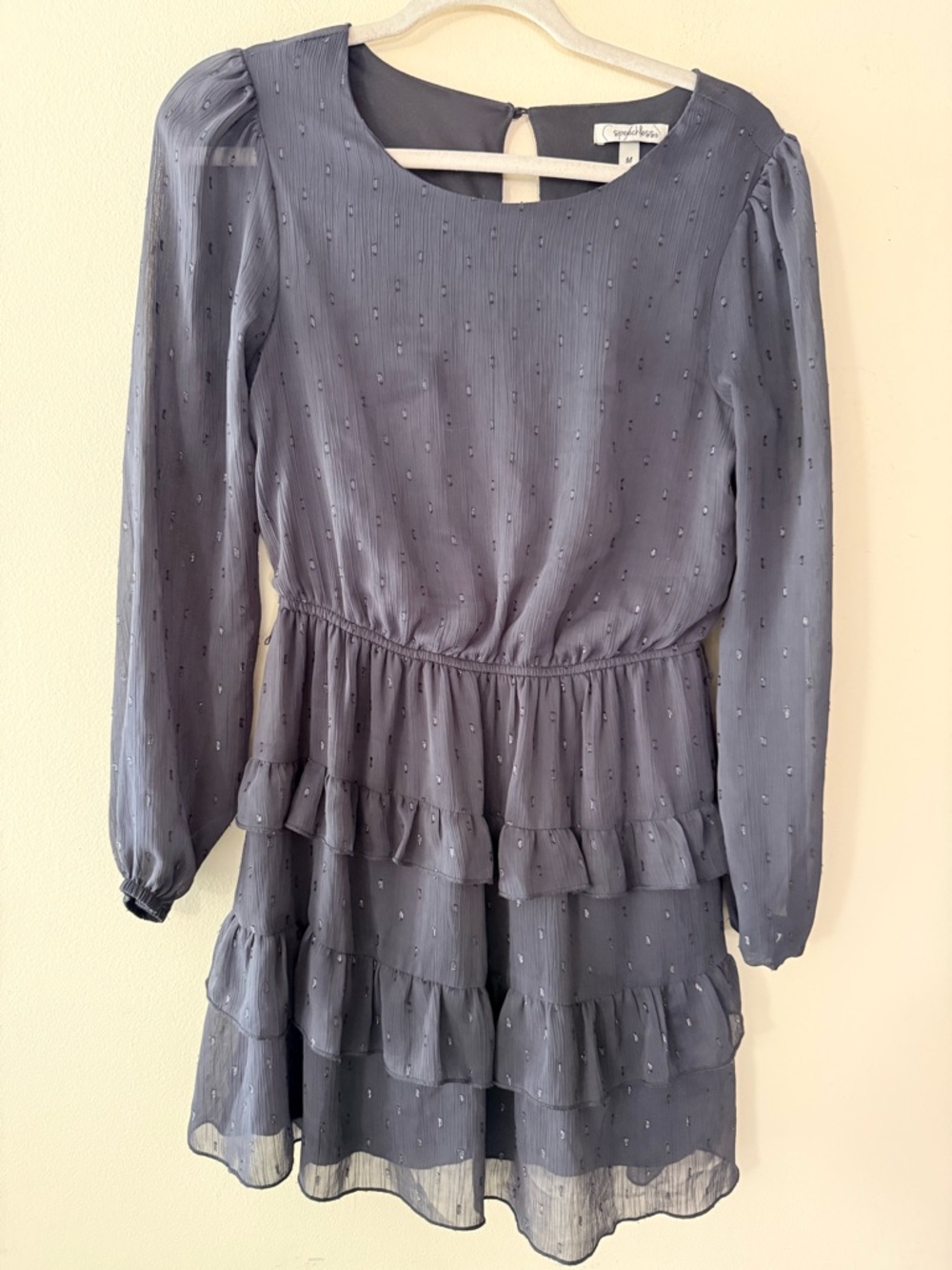 Speechless Slate Grey Ruffle Tiered Long-Sleeve Dress, Sheer Sleeves, size M